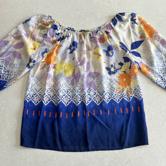 Floral Half Sleeve Silk Peasant Blouse ASO Alex Russo - Picture 5 of 8
